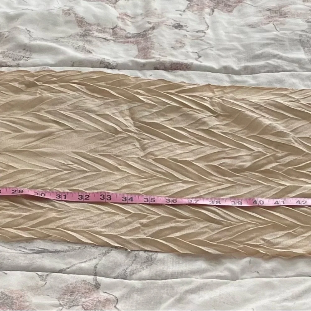 Beige pleated textured acrylic semi sheer scarf with fringe trim, size 69»x15”